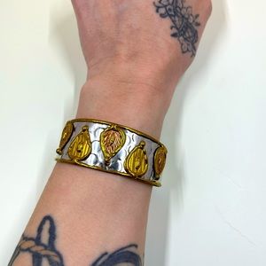 Vintage Y2K Handmade Gold and Silver Leaf Motif Bangle Bracelet